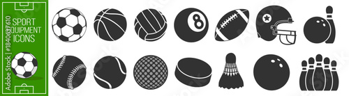 Sports balls minimal flat icon set, monochrome vector collection of soccer, football, tennis, golf, bowling, basketball, hockey, volleyball, rugby and baseball on transparent background