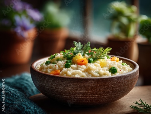 Delicious Risotto with Arborio Rice and Fresh Vegetable Garnish