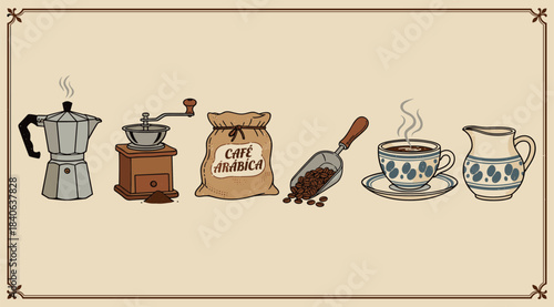 Vintage coffee making equipment set illustration featuring a moka pot, manual grinder, burlap sack, scoop with beans, steaming cup, and creamer in a charming retro hand-drawn style