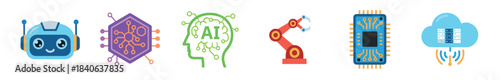 Collection of six colorful flat vector icons for artificial intelligence and automation concepts, featuring a robot head, microchip, robotic arm, and cloud computing symbol