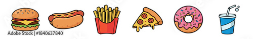 Vibrant cartoon collection of fast food icons featuring a hamburger, hot dog, fries, pizza slice, donut, and soda, designed in a simple, colorful vector illustration style