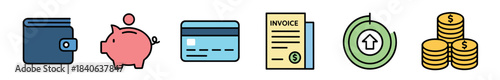 Colorful finance and money icon set featuring a wallet, piggy bank, credit card, invoice, growth symbol, and stacked coins in a simple flat line art style for business concepts
