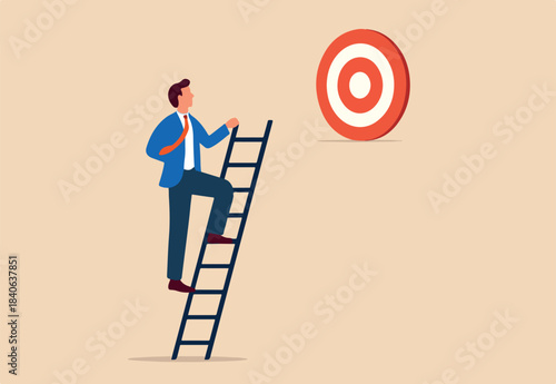 Challenge achievement or higher target, the way forward or next level, bigger business goal or aspiration concept, success businessman climb up ladder reaching goal and looking for next bigger step.