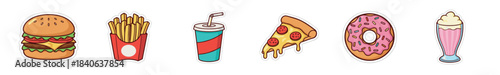 Collection of colorful fast food stickers including a hamburger, fries, pizza, donut, soda, and milkshake in a fun, vibrant cartoon illustration style for graphic design