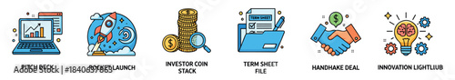 Set of six colorful business startup icons for pitch deck, rocket launch, investment, term sheet, handshake deal, and innovation concepts presented in a modern flat line art style