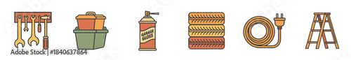 Set of six garage tool icons featuring a wrench rack, storage bins, an aerosol can, stacked tires, an extension cord, and a stepladder in a retro line art style