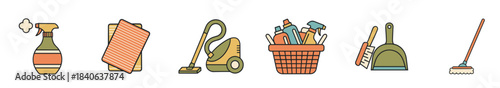 Set of six colorful cleaning supply icons featuring a spray bottle, cloths, vacuum cleaner, basket of detergents, dustpan, and broom for various household chores