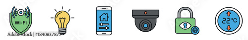 Set of colorful smart home icons representing security, lighting, remote control, surveillance camera, biometric lock, and thermostat for home automation and internet of things concepts