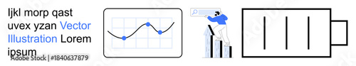 Business analytics, digital marketing, resource management, technology, energy preservation, productivity. A graph, man using search tool and battery icon. Business analytics and digital marketing