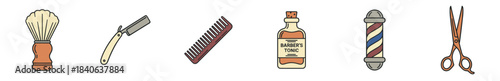 Set of six colorful barber shop icons including a shaving brush, straight razor, comb, tonic, pole, and scissors in a simple line art illustration style