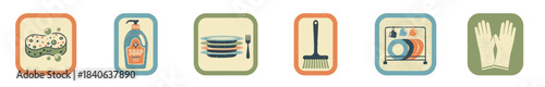 Set of six retro dishwashing icons featuring a sponge, soap, plates, brush, dish rack, and gloves, presented in a vintage textured illustration style
