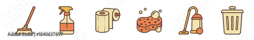 Set of six cleaning supply icons including a broom, spray bottle, paper towel, sponge, vacuum, and trash can in a simple, flat, outlined style illustration