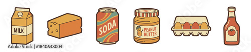 Collection of retro style grocery items including milk, cheese, soda, peanut butter, eggs, and ketchup illustrated in a warm, nostalgic color palette with bold outlines