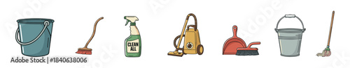 Set of hand-drawn cleaning supplies including buckets, a broom, spray bottle, vacuum cleaner, dustpan, and mop in a colorful cartoon illustration style for housekeeping concepts
