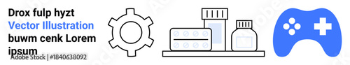 Gear mechanism, medicine bottles, and capsule packs alongside a gaming controller in blue. Ideal for healthcare, technology, gaming, productivity, innovation, modern solutions and simple landing