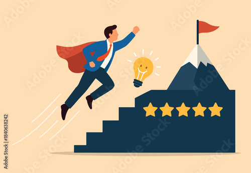 Challenge to achieve success milestone, goal or business target, winning mission or career development, growth or progress journey, aspiration concept, businessman super hero fly to mountain summit.