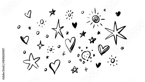 A Whimsical Collection of Hand-Drawn Stars, Hearts, and Celestial Sparkles in Black and White