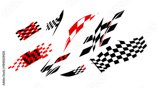 Dynamic vector collection capturing the essence of speed and competition, featuring energetic red and black checkered flag designs for high-octane automotive graphics and sports branding