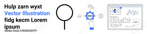 Data analysis, workflow automation, process management, technology integration, digital efficiency, business intelligence. Magnifying glass, dashboard and gear with WMS. Data analysis and workflow