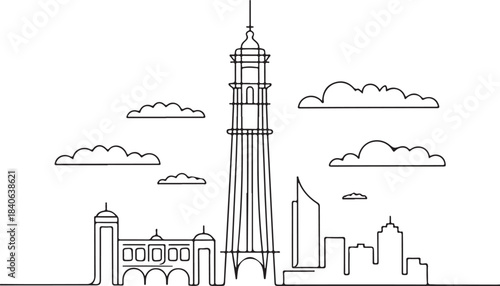 Continuous Line Art of Karachi Skyline with Clifton Tower Minimal Outline Illustration
