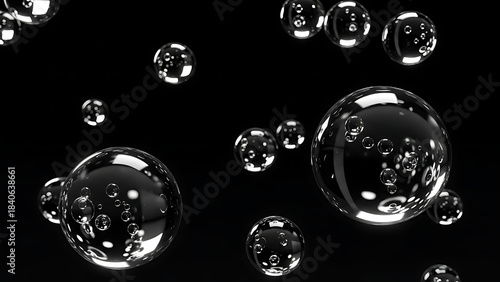 Clear Bubbles Floating in Dark Space with Reflections