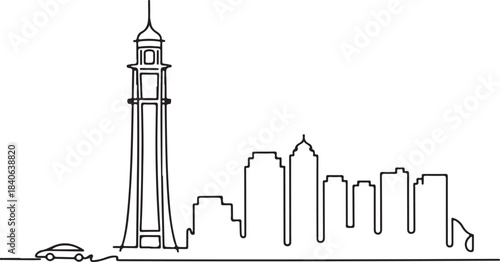 Continuous Line Art of Karachi Skyline with Clifton Tower Minimal Outline Illustration