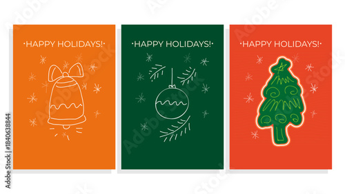 Happy Holidays cart vector background set with doodle Christmas tree,ball,bell
