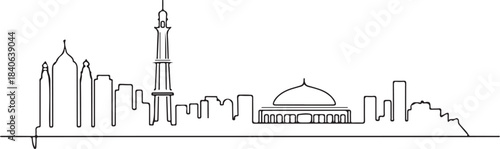 Continuous Line Art of Karachi Skyline with Quaid e Azam Mausoleum Minimal Outline Illustration