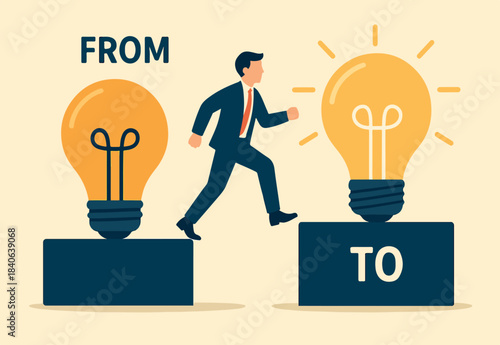 Change or leadership transition, progress to new idea, business direction or discover opportunity, solution to solve problem, challenge concept, businessman walk from old to bright lightbulb idea.