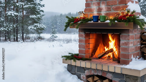 Cozy Outdoor Fireplace in Snowy Winter Landscape christmas