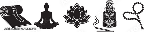 Yoga and wellness icons in a row including mat lotus flower