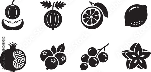 Black and white illustrations of various fruits
