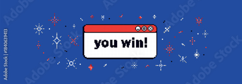 Blue pixel game background with text "you win" and 8bit sparkle, sticker. Game banner in 90s art vibe.