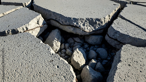 Cracked Concrete Pavement with Exposed Rebar broken