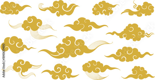 Golden Chinese cloud vector collection with traditional Asian swirl patterns, elegant decorative design elements for art, background, and cultural illustration