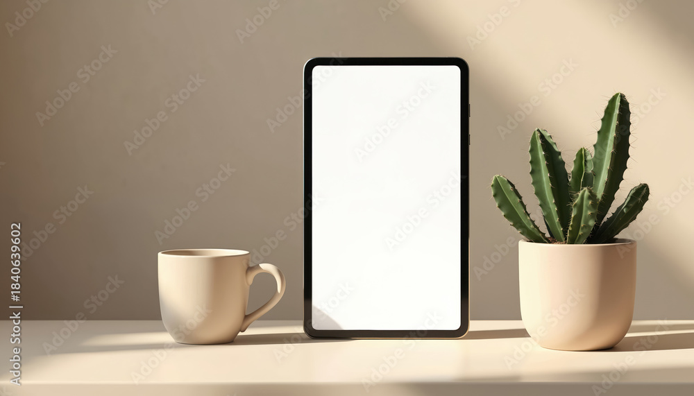 Fototapeta premium Minimalist workspace scene shows blank tablet screen next to coffee cup and potted cactus. Neutral tones and soft light create calm atmosphere for design projects or presentations.