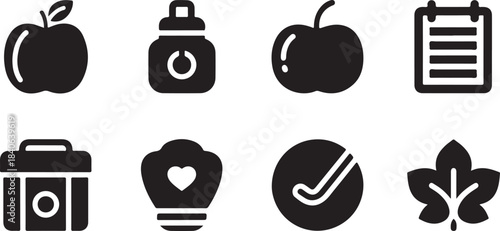 Black icons of food camera documents and eco friendly symbols