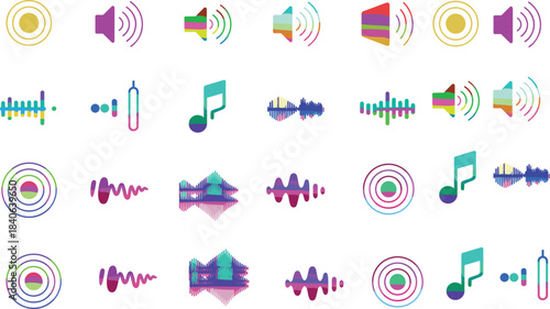 Gradient sound and music icon set, audio wave symbols, volume speaker, equalizer control, podcast broadcasting, modern digital design elements