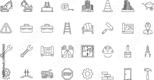 Construction and Engineering Line Icons – Minimalist Black-and-White Set Featuring Tools, Equipment, Safety, and Building Concepts