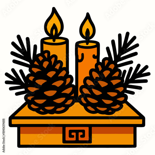 Pinecones and candles on altar 