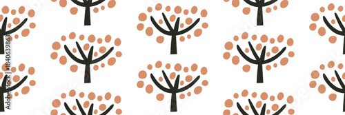 Seamless pattern with hand drawn trees and orange dots. Cute Scandinavian vector background for winter or kids theme. Vector illustration on an isolated background.