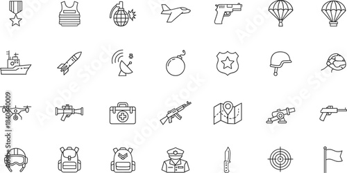 Black and white military icon set featuring weapons, gear, personnel, and tactical symbols for defense, strategy, and security design