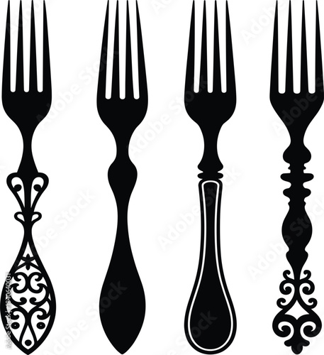 Antique decorative fork vector set, vintage cutlery utensil, elegant silverware, dinner table tableware collection