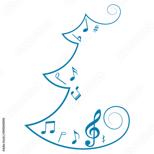 Christmas tree with music notes, festive winter musical silhouette, vector illustration.