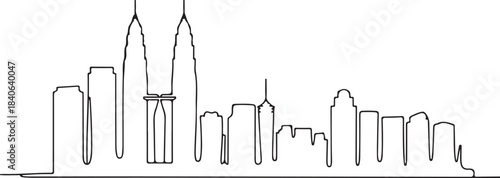 Continuous Line Art of Kuala Lumpur Skyline from KLCC Park Silhouette Minimal Outline Illustration