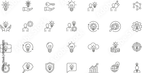 Black and white innovation icon set featuring ideas, teamwork, strategy, and business growth symbols for corporate and creative design