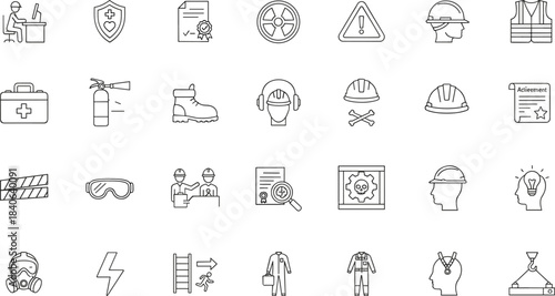 Workplace safety icon set featuring PPE, hazard symbols, procedures, and equipment for occupational health and industrial training design