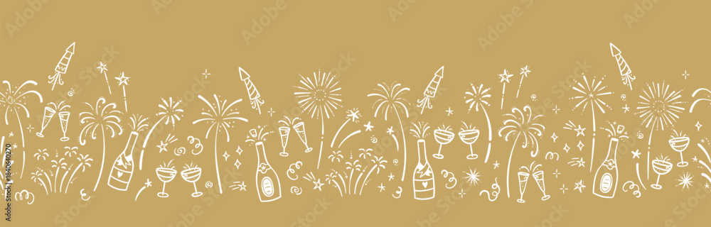 Fototapeta premium Fun hand drawn doodle fireworks and New Year party doodles, seamless pattern, great for textiles, wrapping, banner, wallpapers - vector design