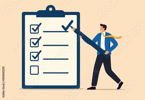 Checklist to complete project task, accomplish work checkmark, todo list clipboard or project status report, plan to finish work concept, business people holding pencil complete task checkbox.