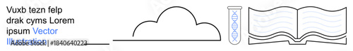 Science, technology, education, research, data storage, innovation. Minimalist elements include a cloud, a test tube and an open book. Science and technology are key
